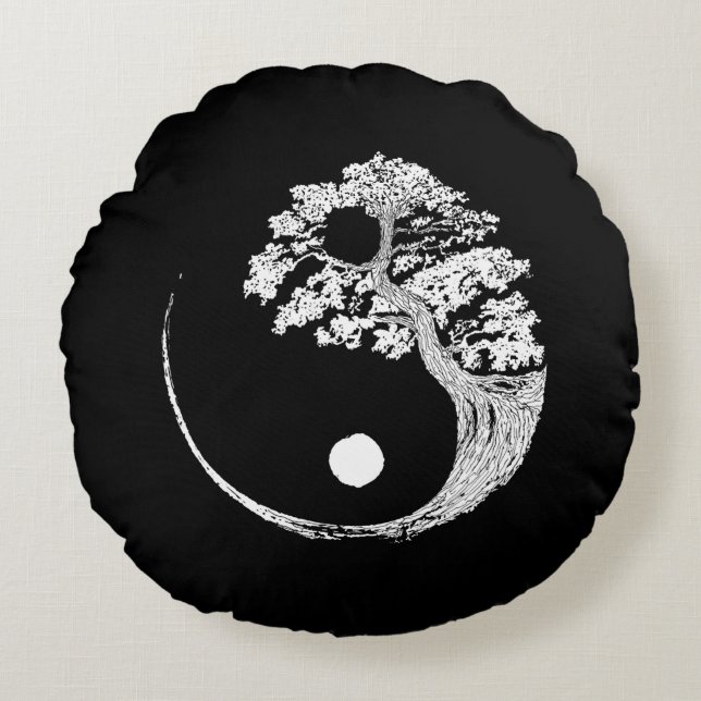 Yin Yang Bonsai Tree Japanischer Buddhist Zen Rundes Kissen (Vorderseite)
