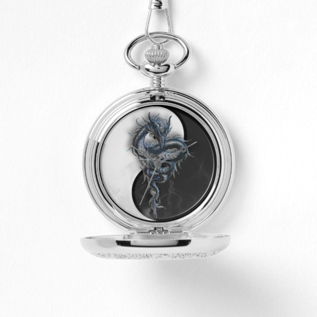 Yin Yang Chinese Dragon Silver Pocket Watch Armbanduhr (Vorderseite)