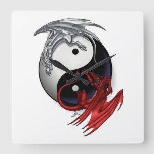 Yin Yang Clock: Fire and Ice Dragons Quadratische Wanduhr