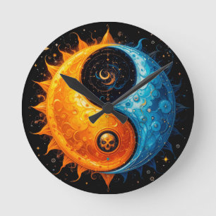Yin-Yang-Design, das Sonne und Mond darstellt Runde Wanduhr