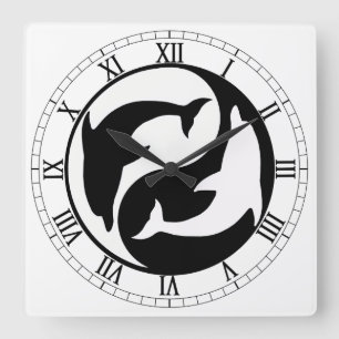 Yin Yang Dolphins Square Roman Numerals Clock Quadratische Wanduhr
