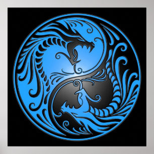 Yin Yang Drachen, Blau und Schwarzes Poster