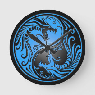 Yin Yang Drachen, Blau und Schwarzes Runde Wanduhr