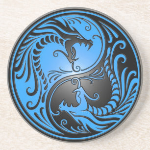 Yin Yang Drachen, Blau und Schwarzes Sandstein Untersetzer