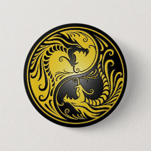 Yin Yang Drachen, Gelb und Schwarzes Button