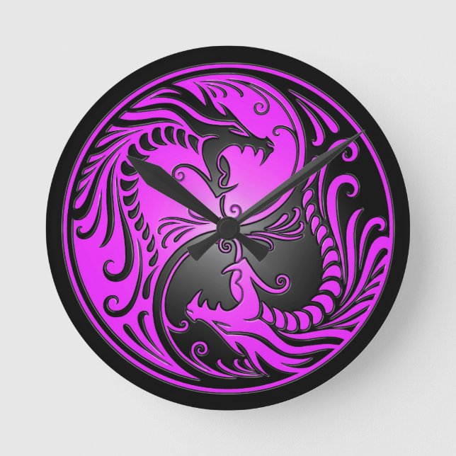Yin Yang Drachen, lila und schwarz Runde Wanduhr (Vorderseite)
