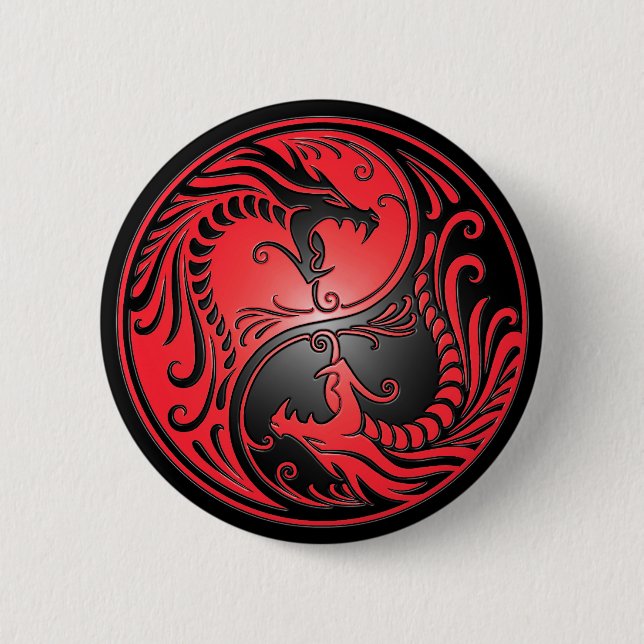 Yin Yang Drachen, Rot und Schwarzes Button (Vorderseite)