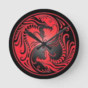 Yin Yang Drachen, Rot und Schwarzes Runde Wanduhr