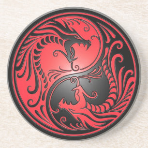 Yin Yang Drachen, Rot und Schwarzes Sandstein Untersetzer