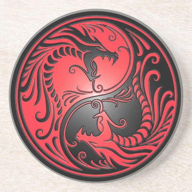 Yin Yang Drachen, Rot und Schwarzes Sandstein Untersetzer (Vorne)
