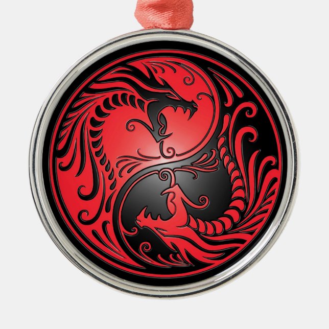 Yin Yang Drachen, Rot und Schwarzes Silbernes Ornament (Vorne)