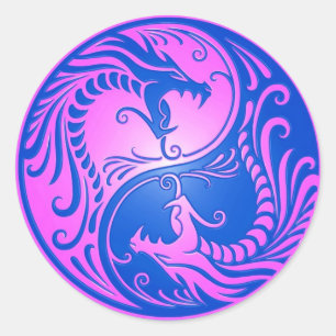 Yin Yang Dragons, blau und lila Runder Aufkleber
