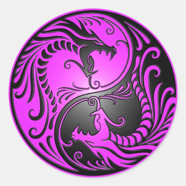 Yin Yang Dragons, lila und schwarz Runder Aufkleber (Vorderseite)