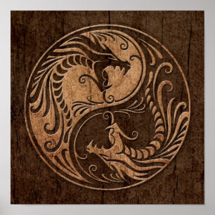 Yin Yang Dragons mit Holzkörneffekt Poster
