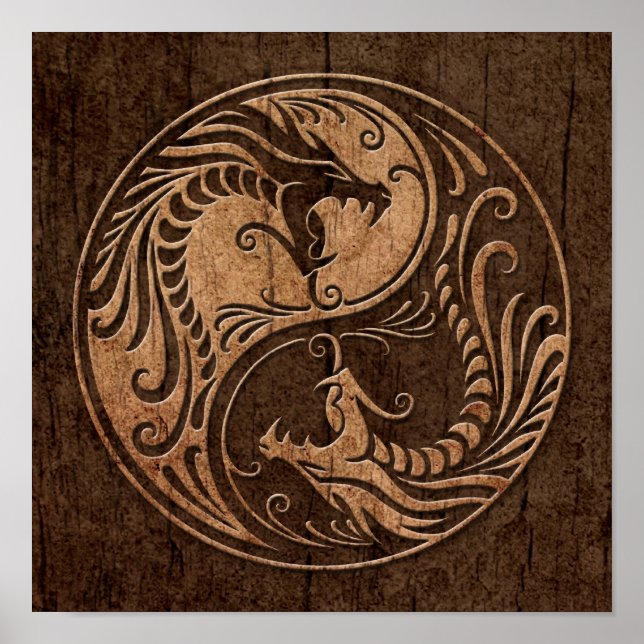 Yin Yang Dragons mit Holzkörneffekt Poster (Vorne)