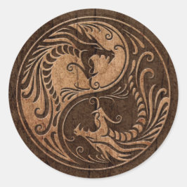 Yin Yang Dragons mit Holzkörneffekt Runder Aufkleber