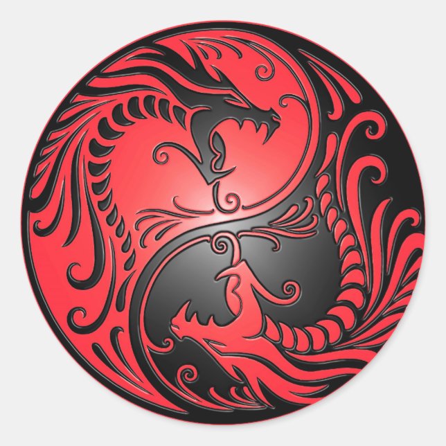 Yin Yang Dragons, rot und schwarz Runder Aufkleber (Vorderseite)