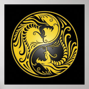 Yin Yang Dragons, yellow and black Poster