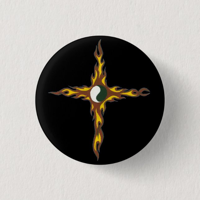 Yin Yang Feuer-Kreuz Button (Vorderseite)