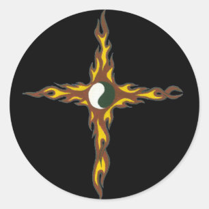 Yin Yang Feuer-Kreuz Runder Aufkleber