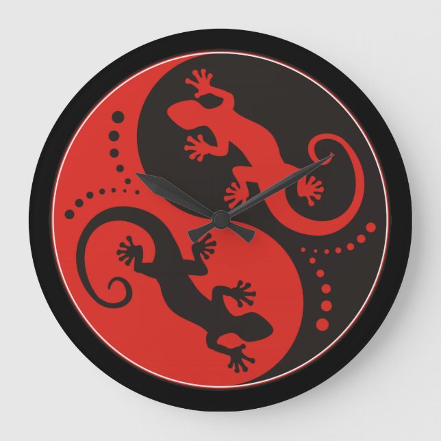 YIN & YANG Geckos schwarz rot + Ihre Hintergrundid Große Wanduhr (Vorderseite)