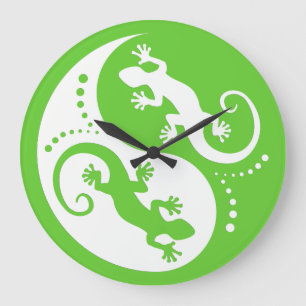 YIN & YANG Geckos weiß + Ihr Hintergrund & Ihre Id Große Wanduhr