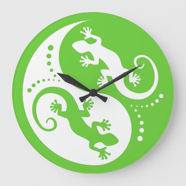 YIN & YANG Geckos weiß + Ihr Hintergrund & Ihre Id Große Wanduhr (Vorderseite)