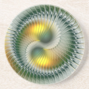 Yin Yang Green Yellow Abstraktes farbiges Fraktal Getränkeuntersetzer