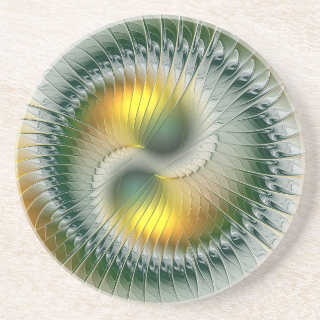 Yin Yang Green Yellow Abstraktes farbiges Fraktal Getränkeuntersetzer (Vorne)