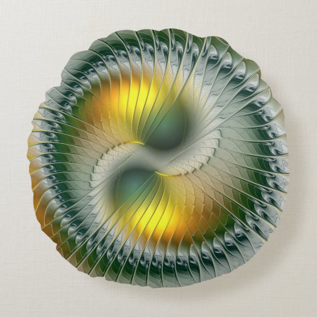 Yin Yang Green Yellow Abstraktes farbiges Fraktal Rundes Kissen (Vorderseite)