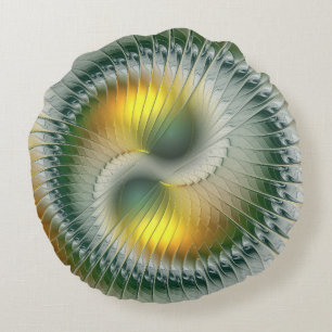 Yin Yang Green Yellow Abstraktes farbiges Fraktal Rundes Kissen