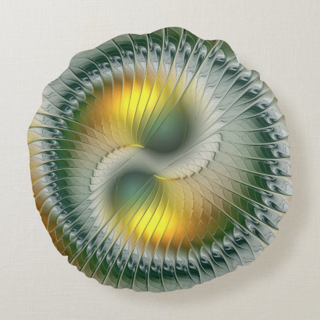 Yin Yang Green Yellow Abstraktes farbiges Fraktal Rundes Kissen (Rückseite)