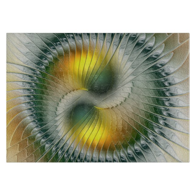 Yin Yang Green Yellow Abstraktes farbiges Fraktal Schneidebrett (Vorderseite)