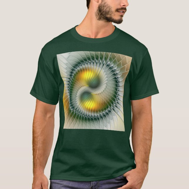 Yin Yang Green Yellow Abstraktes farbiges Fraktal T-Shirt (Vorderseite)
