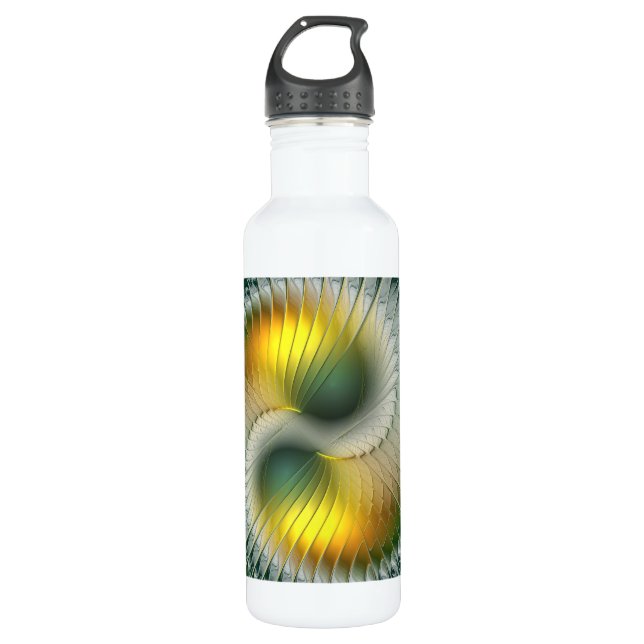 Yin Yang Green Yellow Abstraktes farbiges Fraktal Trinkflasche (Vorderseite)