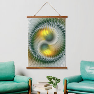 Yin Yang Grün Gelb Abstrakt Farbige Fraktale Wandteppich Mit Holzrahmen