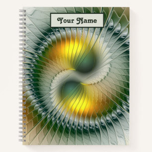 Yin Yang Grün Gelb Abstraktes Fraktal Eigener Name Notizbuch
