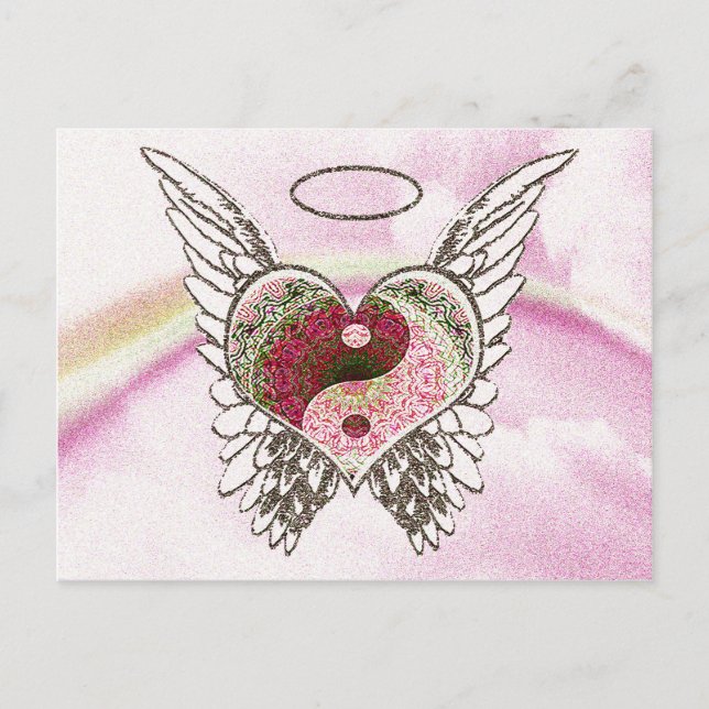 Yin Yang Heart Angel Wings Watercolor Postkarte (Vorderseite)