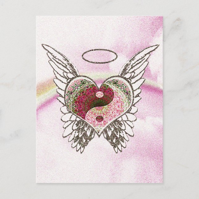 Yin Yang Heart Angel Wings Watercolor Postkarte (Vorderseite)