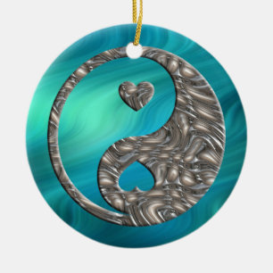 Yin & Yang / Hearts SILVER Blaue Wellen Keramikornament