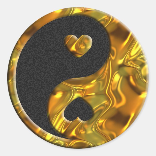 Yin & Yang / Herz Gold | Schwarzer Spritzer Runder Aufkleber (Vorderseite)
