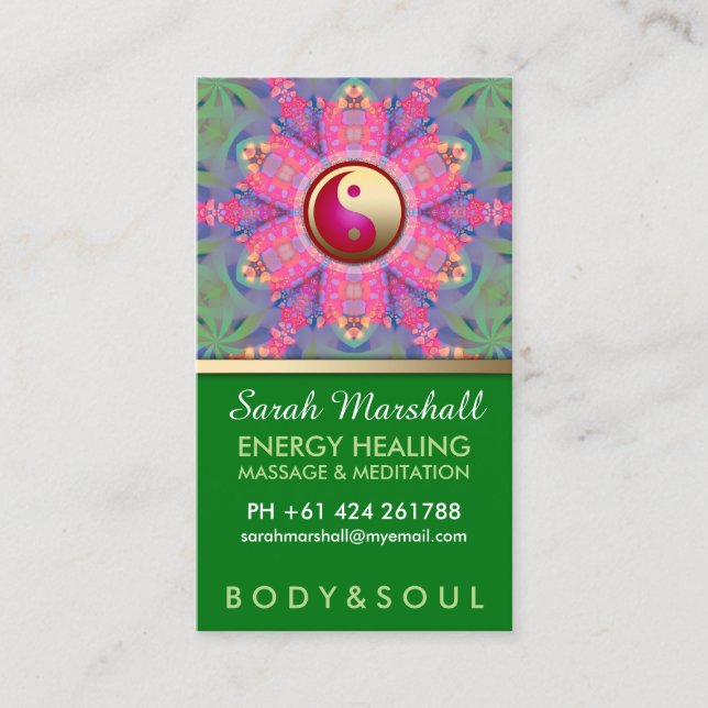 Yin Yang Hippie Pink Green Yoga Business Card Visitenkarte (Vorderseite)