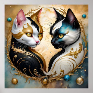Yin-Yang-Katzen mit magischen kosmischen Elementen Poster