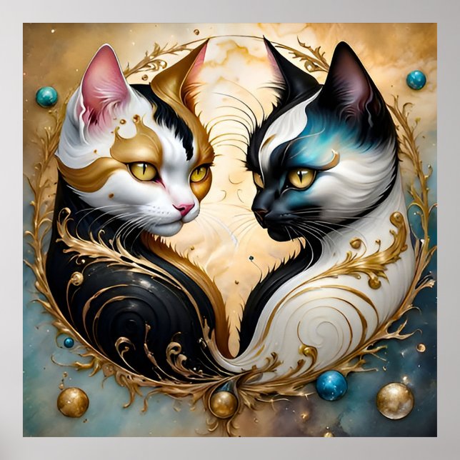 Yin-Yang Katzen mit magischen kosmischen Elementen Poster (Vorne)