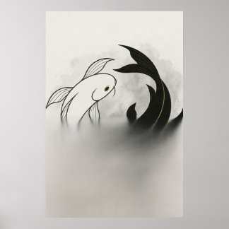Yin Yang Koi Fish – Minimal Black & White Poster