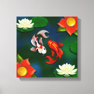 Yin Yang Koi Red Blume White Lotus Lily Pad Pond Leinwanddruck