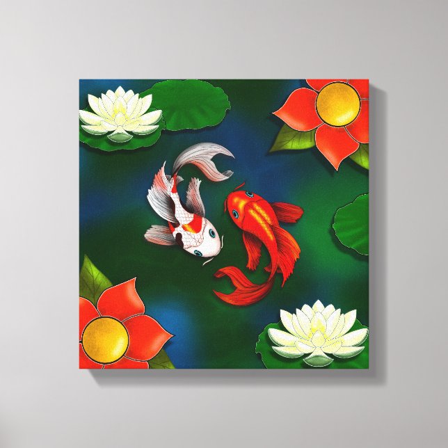Yin Yang Koi Red Blume White Lotus Lily Pad Pond Leinwanddruck (Vorderseite)