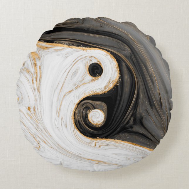 Yin Yang Liquid Marble Rundes Kissen (Vorderseite)