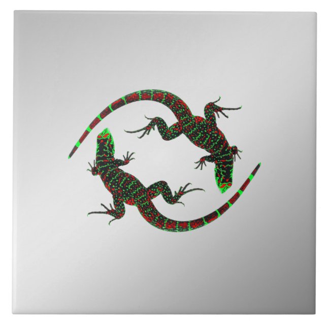 Yin Yang Lizards Silver Fliese (Vorderseite)