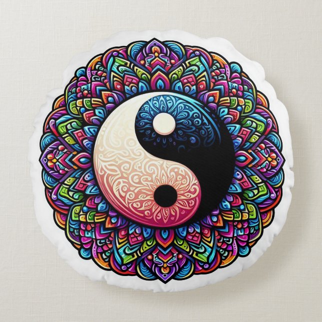 Yin Yang Mandala Design Rundes Kissen (Vorderseite)
